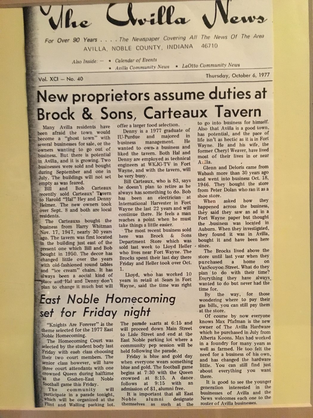 A 1977 clipping from The Avilla News: “New proprietors assume duties at Brock & Sons, Carteaux Tavern.”